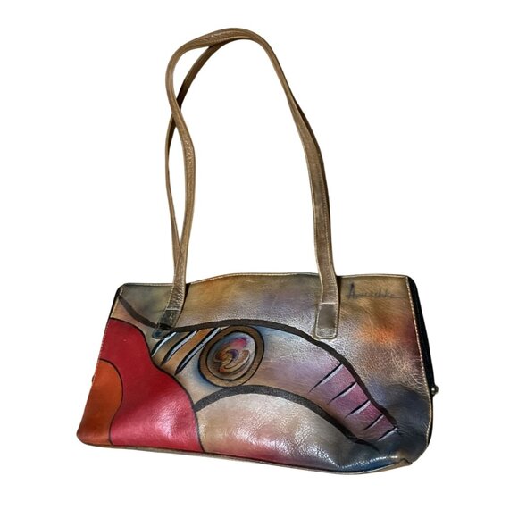 Anuschka Hand-Painted Leather Shoulder Bag With Abstract Art - Picture 1 of 6